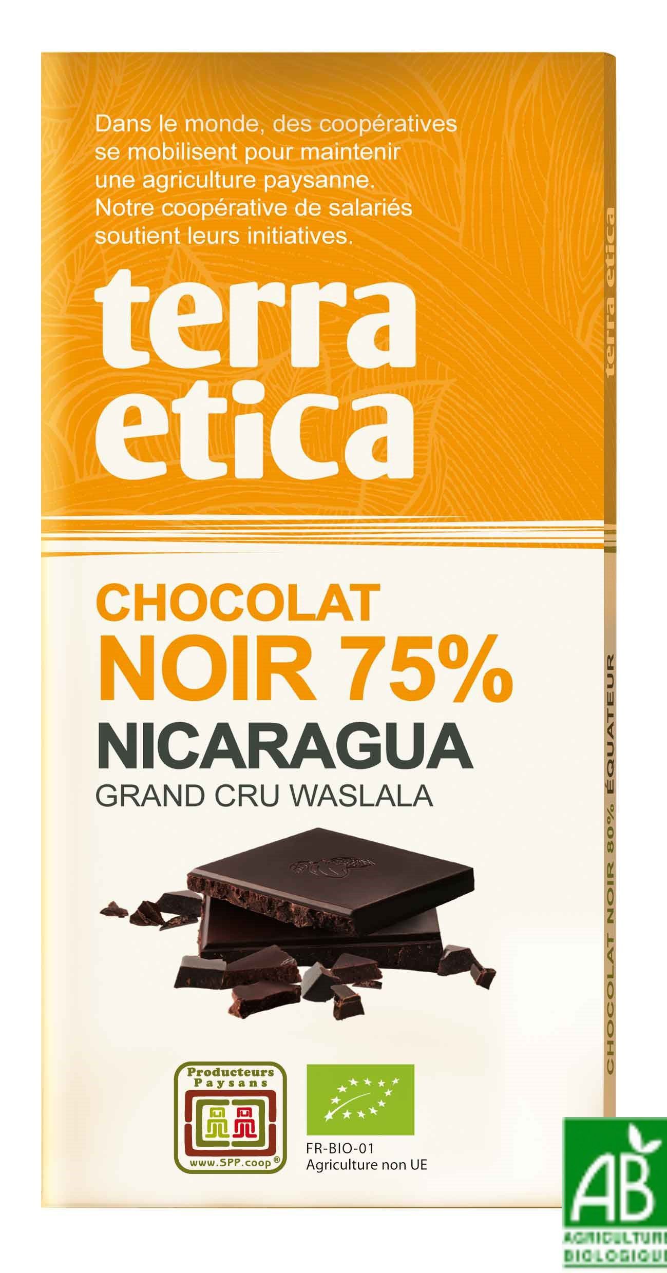 Chocolat noir BIO origine Nicaragua / Comm. équitable 75 % de cacao - 100 g