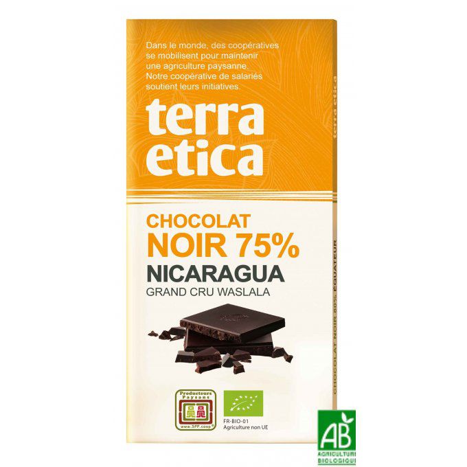 Chocolat noir BIO origine Nicaragua / Comm. équitable 75 % de cacao - 100 g